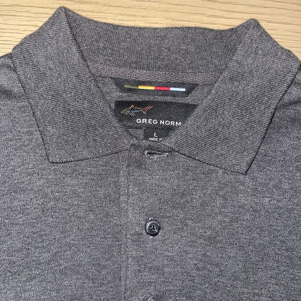 Greg Norman Men's L Gray Long Sleeve Cotton Knit Polo Embroidered Shark Logo